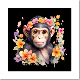 A baby chimpanzee decorated with beautiful watercolor flowers Posters and Art